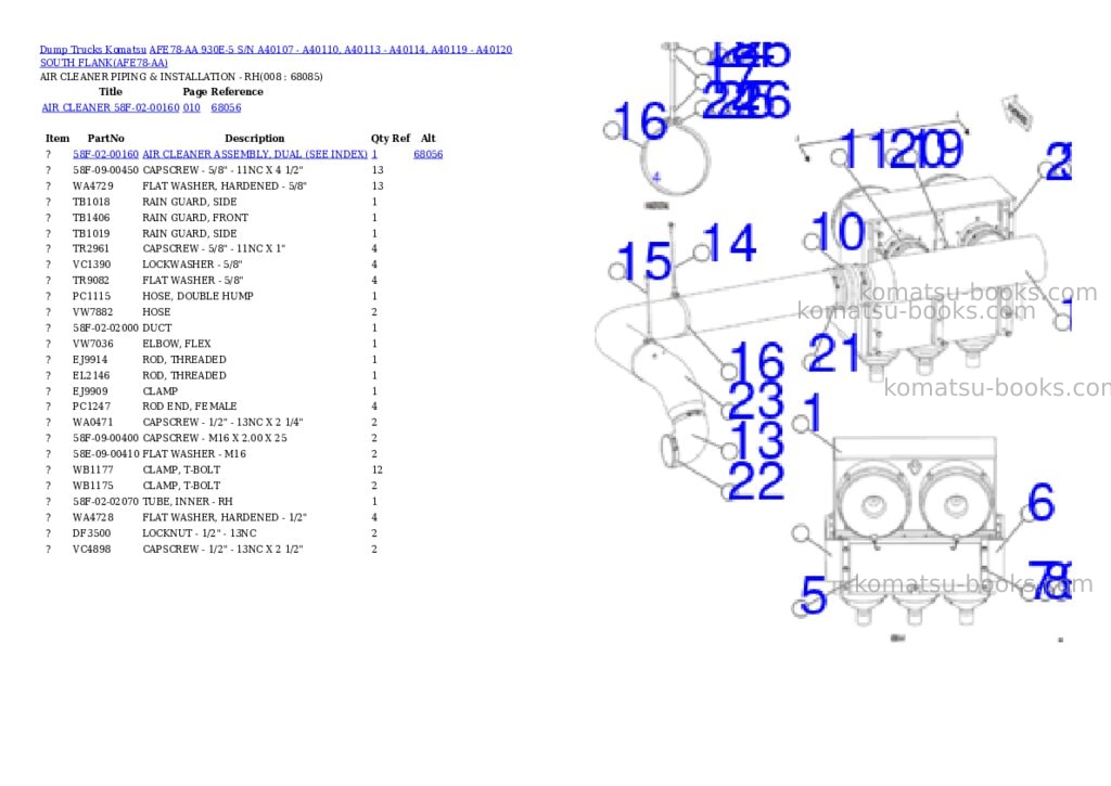 Komatsu AFE78-AA 930E-5 S/N A40107 - A40110, A40113 - A40114, A40119 - A40120 SOUTH FLANK Parts catalog cover Page 4 Komatsu AFE78-AA 930E-5 S/N A40107 - A40110, A40113 - A40114, A40119 - A40120 SOUTH FLANK Parts catalog cover Page 4