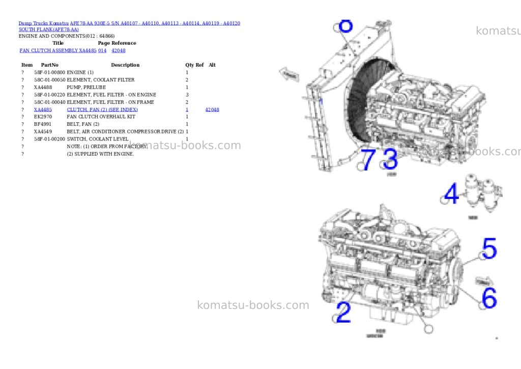Komatsu AFE78-AA 930E-5 S/N A40107 - A40110, A40113 - A40114, A40119 - A40120 SOUTH FLANK Parts catalog cover Page 6 Komatsu AFE78-AA 930E-5 S/N A40107 - A40110, A40113 - A40114, A40119 - A40120 SOUTH FLANK Parts catalog cover Page 6