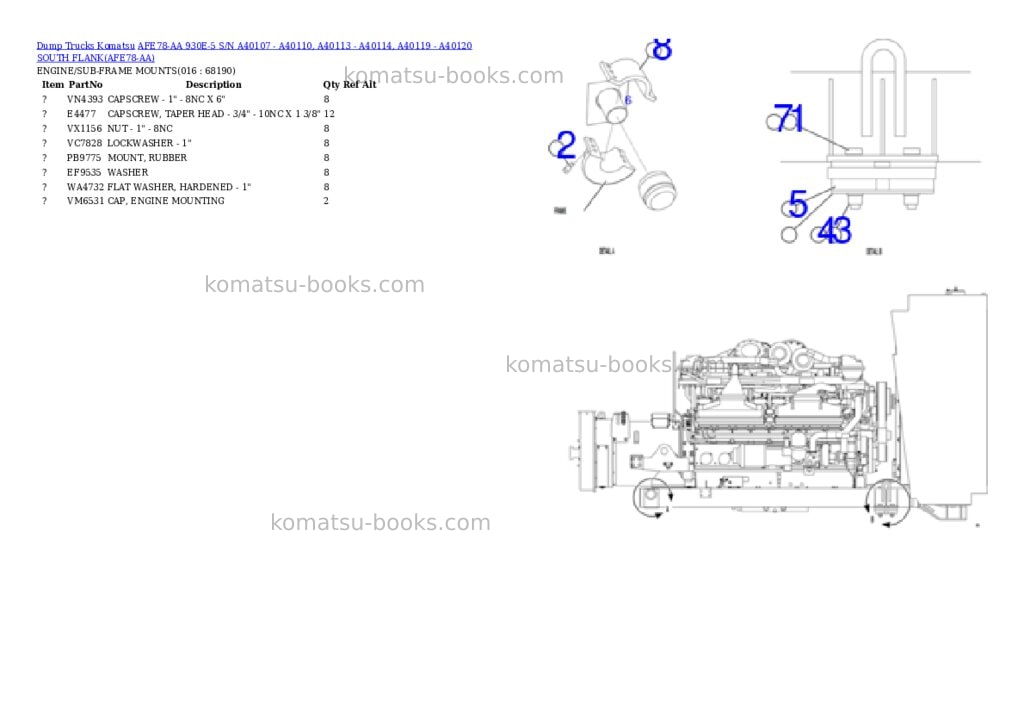 Komatsu AFE78-AA 930E-5 S/N A40107 - A40110, A40113 - A40114, A40119 - A40120 SOUTH FLANK Parts catalog cover Page 8 Komatsu AFE78-AA 930E-5 S/N A40107 - A40110, A40113 - A40114, A40119 - A40120 SOUTH FLANK Parts catalog cover Page 8