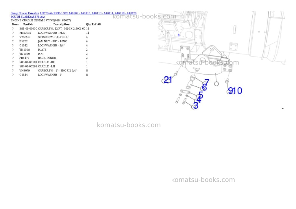 Komatsu AFE78-AA 930E-5 S/N A40107 - A40110, A40113 - A40114, A40119 - A40120 SOUTH FLANK Parts catalog cover Page 9 Komatsu AFE78-AA 930E-5 S/N A40107 - A40110, A40113 - A40114, A40119 - A40120 SOUTH FLANK Parts catalog cover Page 9