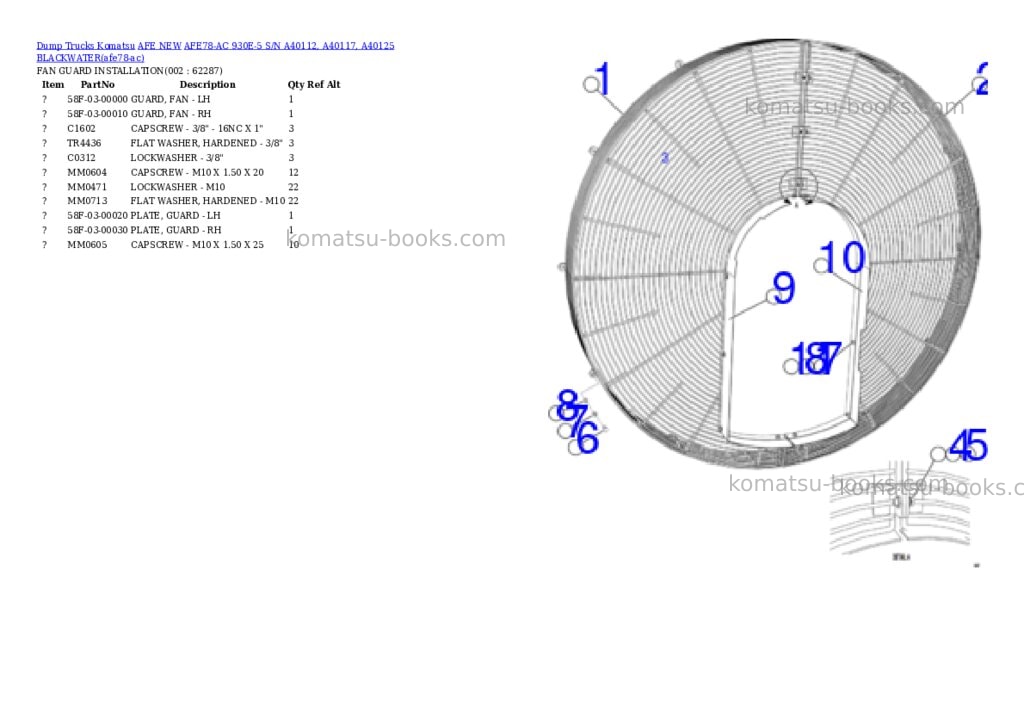Komatsu AFE78-AC 930E-5 S/N A40112, A40117, A40125 BLACKWATER Parts catalog cover Komatsu AFE78-AC 930E-5 S/N A40112, A40117, A40125 BLACKWATER Parts catalog cover
