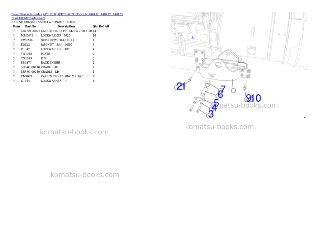 Komatsu AFE78-AC 930E-5 S/N A40112, A40117, A40125 BLACKWATER Parts catalog cover Page 9 Komatsu AFE78-AC 930E-5 S/N A40112, A40117, A40125 BLACKWATER Parts catalog cover Page 9