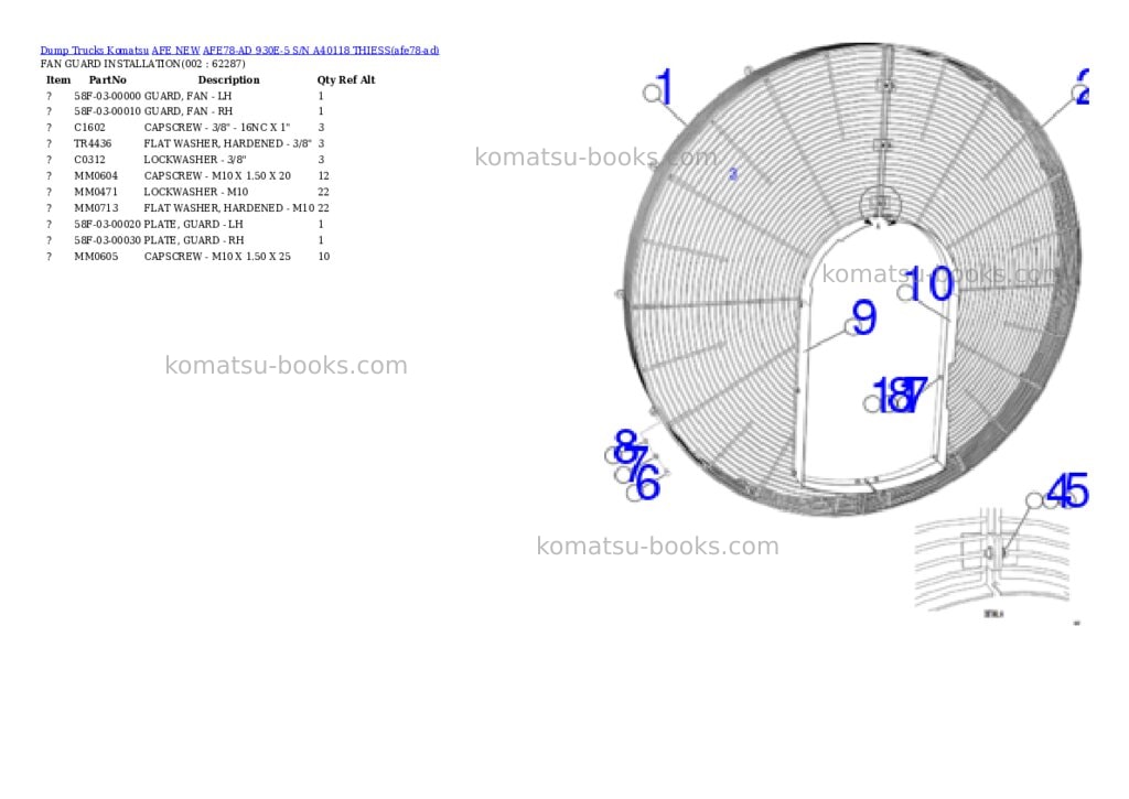 Komatsu AFE78-AD 930E-5 S/N A40118 THIESS Parts catalog cover Komatsu AFE78-AD 930E-5 S/N A40118 THIESS Parts catalog cover