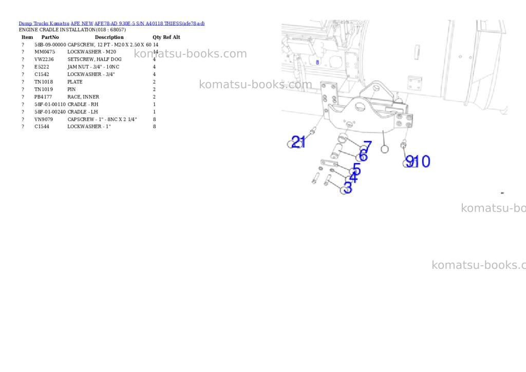 Komatsu AFE78-AD 930E-5 S/N A40118 THIESS Parts catalog cover Page 9 Komatsu AFE78-AD 930E-5 S/N A40118 THIESS Parts catalog cover Page 9