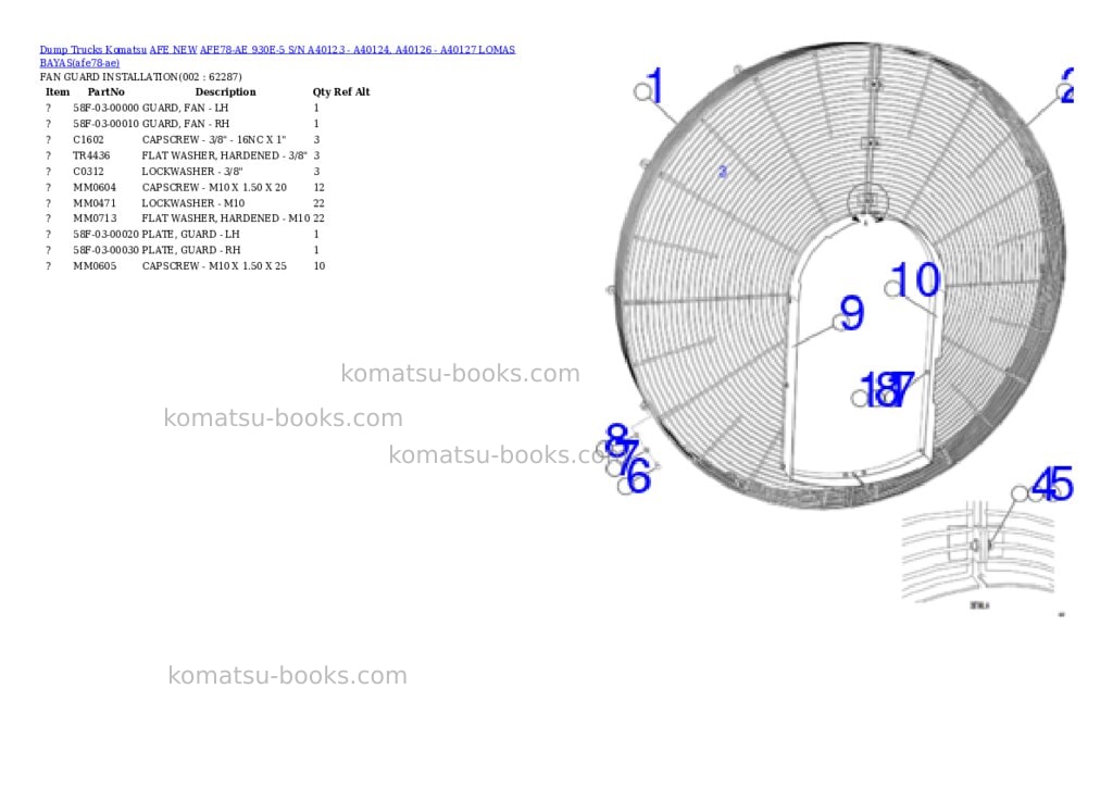 Komatsu AFE78-AE 930E-5 S/N A40123 - A40124, A40126 - A40127 LOMAS BAYAS Parts catalog cover Komatsu AFE78-AE 930E-5 S/N A40123 - A40124, A40126 - A40127 LOMAS BAYAS Parts catalog cover