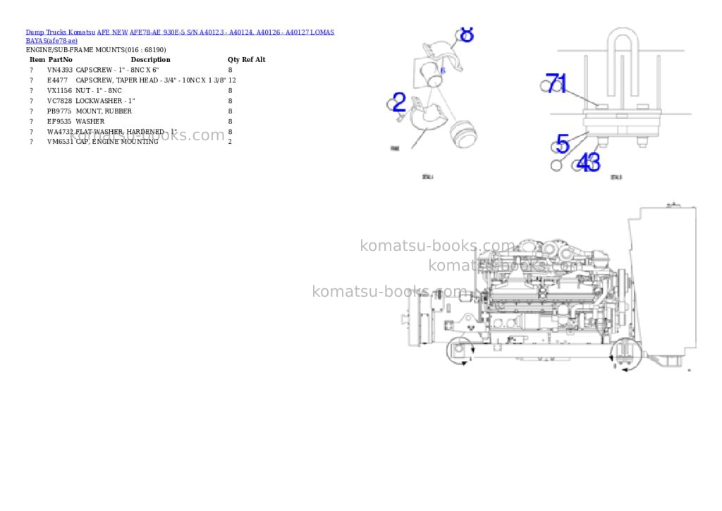 Komatsu AFE78-AE 930E-5 S/N A40123 - A40124, A40126 - A40127 LOMAS BAYAS Parts catalog cover Page 8 Komatsu AFE78-AE 930E-5 S/N A40123 - A40124, A40126 - A40127 LOMAS BAYAS Parts catalog cover Page 8