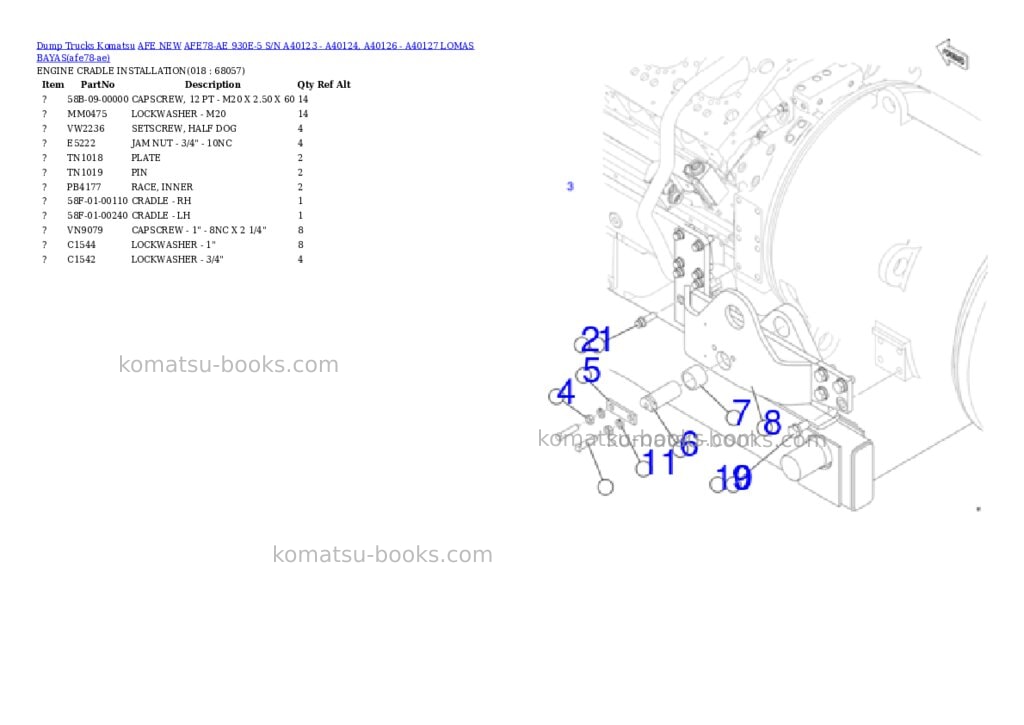 Komatsu AFE78-AE 930E-5 S/N A40123 - A40124, A40126 - A40127 LOMAS BAYAS Parts catalog cover Page 9 Komatsu AFE78-AE 930E-5 S/N A40123 - A40124, A40126 - A40127 LOMAS BAYAS Parts catalog cover Page 9