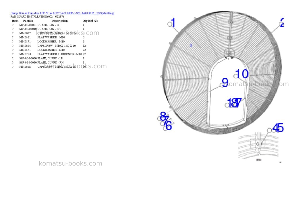 Komatsu AFE78-AG 930E-5 S/N A40130 THEISS Parts catalog cover Komatsu AFE78-AG 930E-5 S/N A40130 THEISS Parts catalog cover