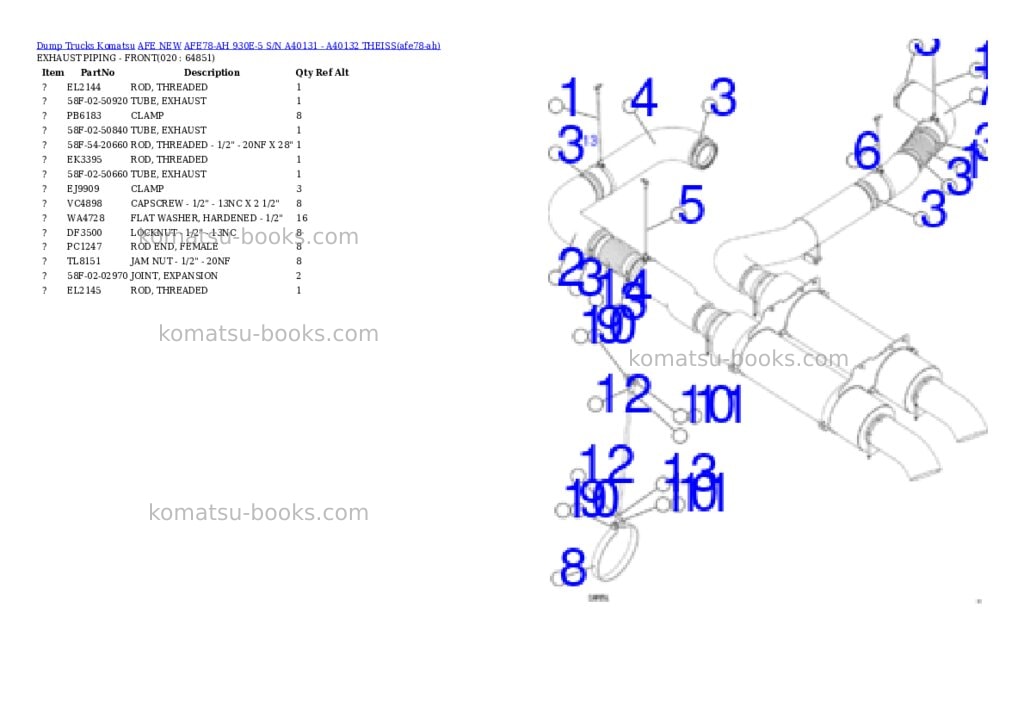Komatsu AFE78-AH 930E-5 S/N A40131 - A40132 THEISS Parts catalog cover Page 10