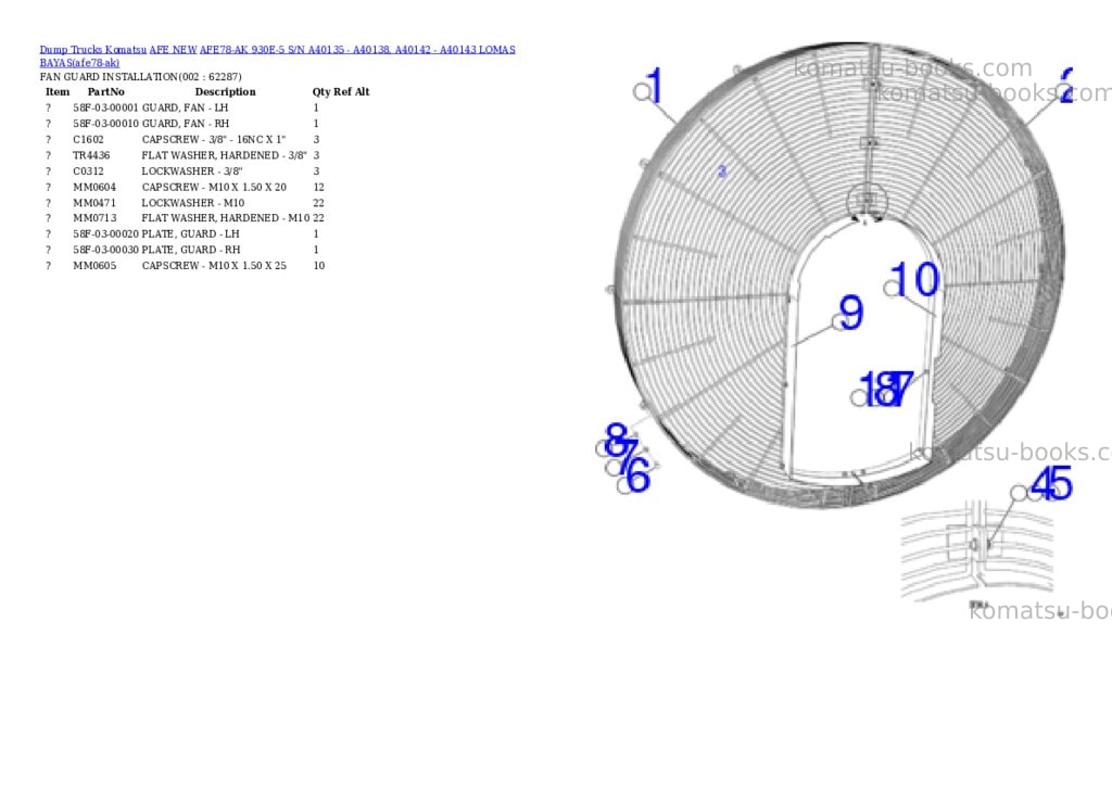 Komatsu AFE78-AK 930E-5 S/N A40135 - A40138, A40142 - A40143 LOMAS BAYAS Parts catalog cover Komatsu AFE78-AK 930E-5 S/N A40135 - A40138, A40142 - A40143 LOMAS BAYAS Parts catalog cover