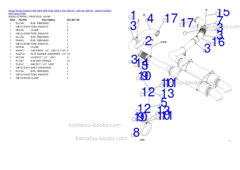 Komatsu AFE78-AK 930E-5 S/N A40135 - A40138, A40142 - A40143 LOMAS BAYAS Parts catalog cover Page 10 Komatsu AFE78-AK 930E-5 S/N A40135 - A40138, A40142 - A40143 LOMAS BAYAS Parts catalog cover Page 10