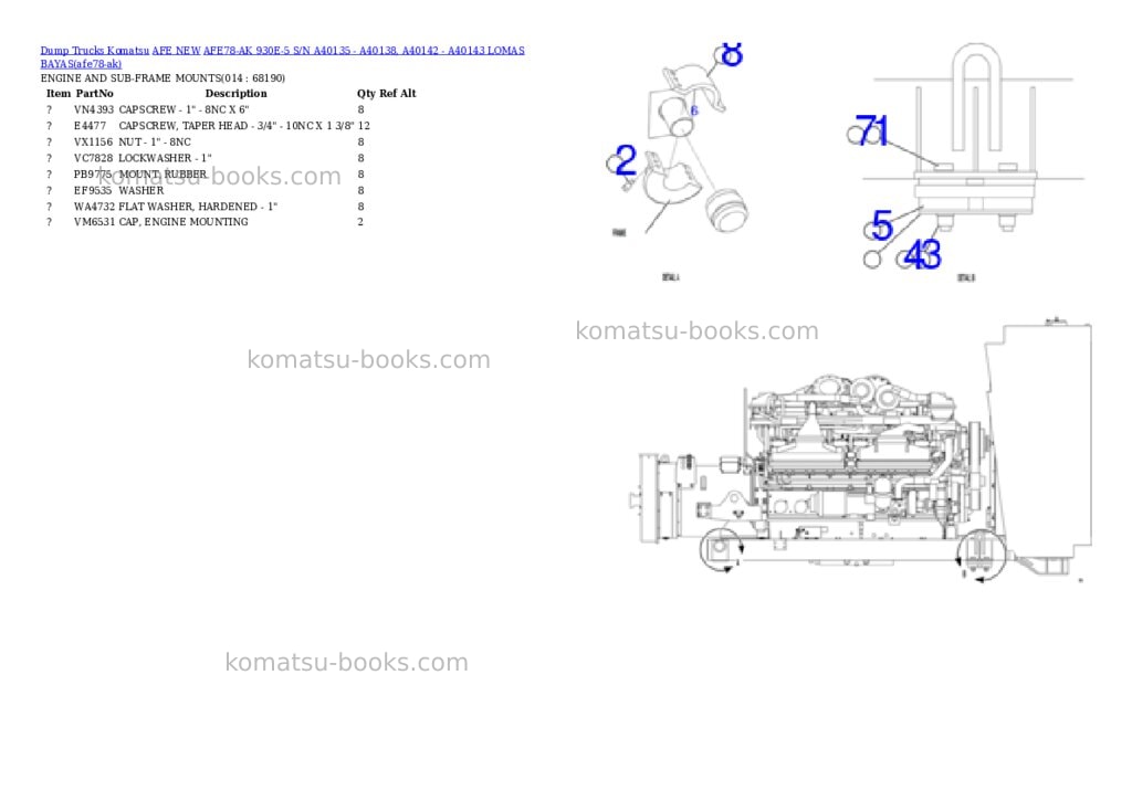 Komatsu AFE78-AK 930E-5 S/N A40135 - A40138, A40142 - A40143 LOMAS BAYAS Parts catalog cover Page 7 Komatsu AFE78-AK 930E-5 S/N A40135 - A40138, A40142 - A40143 LOMAS BAYAS Parts catalog cover Page 7
