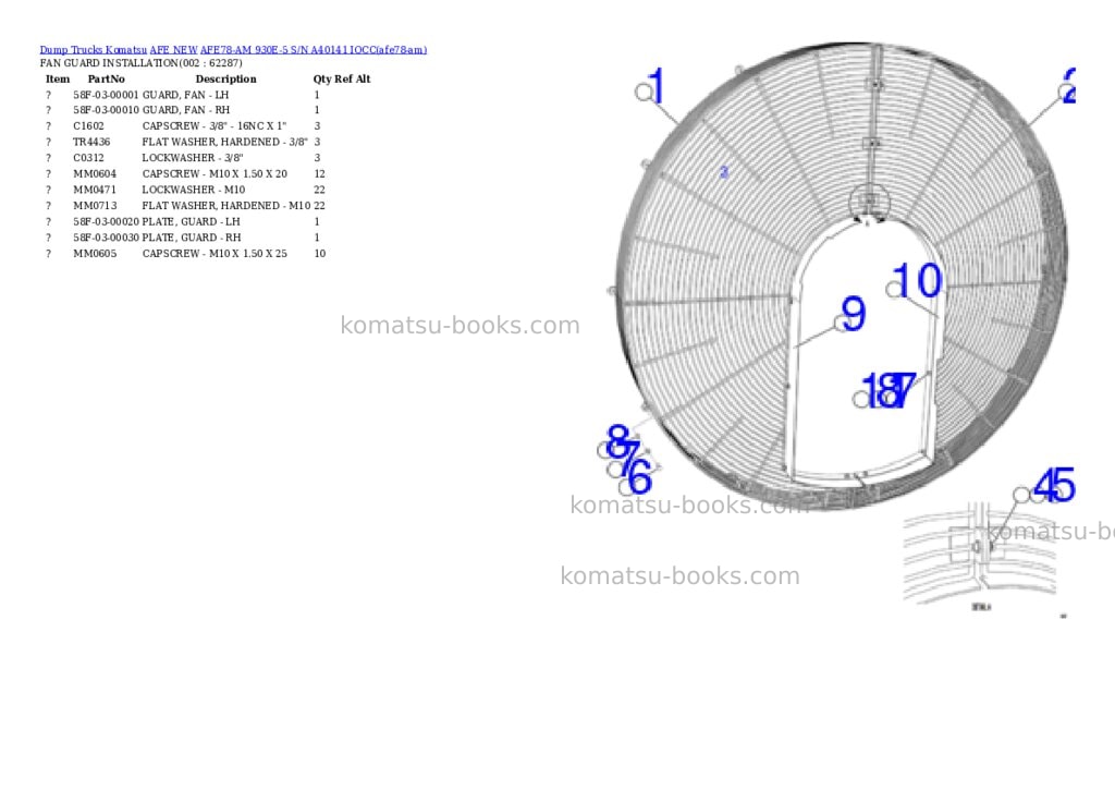 Komatsu AFE78-AM 930E-5 S/N A40141 IOCC Parts catalog cover Komatsu AFE78-AM 930E-5 S/N A40141 IOCC Parts catalog cover