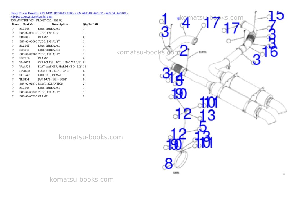Komatsu AFE78-AS 930E-5 S/N A40148, A40152 - A40154, A40162 - A40163 LOMAS BAYAS Parts catalog cover Page 10 Komatsu AFE78-AS 930E-5 S/N A40148, A40152 - A40154, A40162 - A40163 LOMAS BAYAS Parts catalog cover Page 10