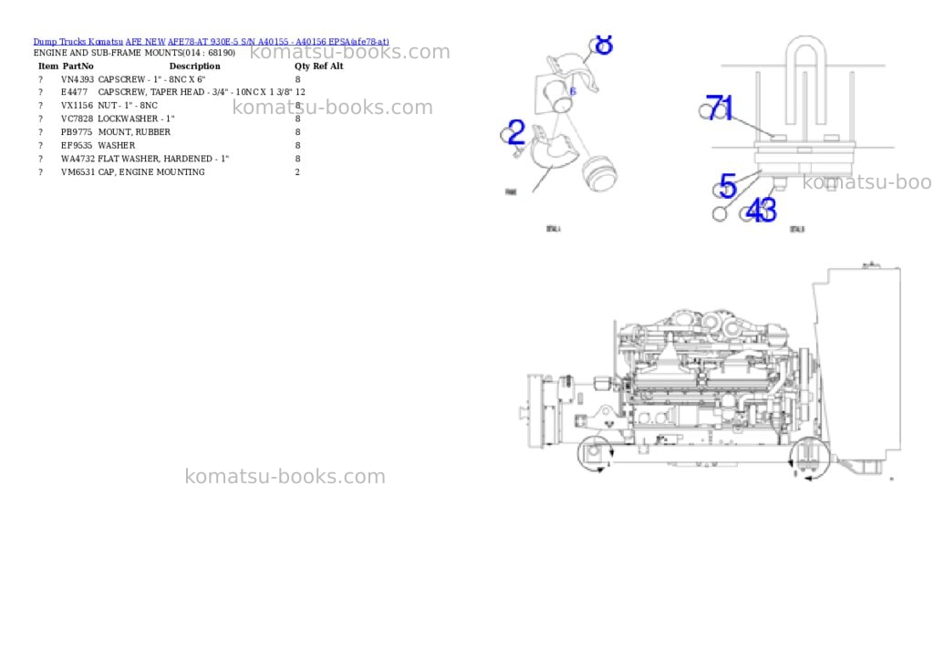 Komatsu AFE78-AT 930E-5 S/N A40155 - A40156 EPSA Parts catalog cover Page 7 Komatsu AFE78-AT 930E-5 S/N A40155 - A40156 EPSA Parts catalog cover Page 7