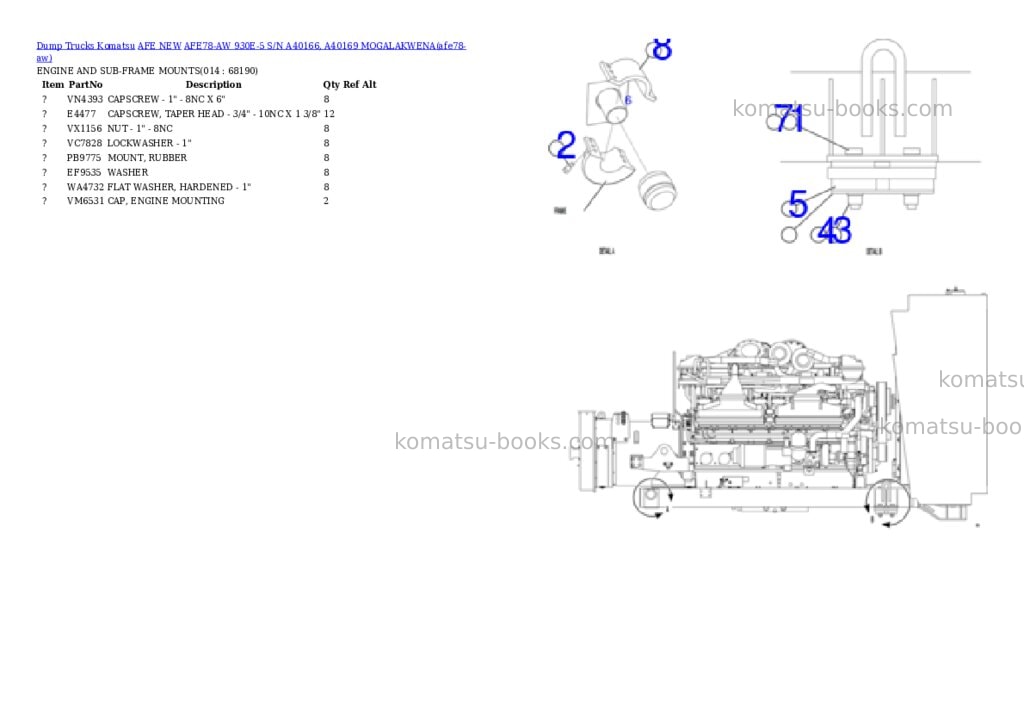 Komatsu AFE78-AW 930E-5 S/N A40166, A40169 MOGALAKWENA Parts catalog cover Page 7 Komatsu AFE78-AW 930E-5 S/N A40166, A40169 MOGALAKWENA Parts catalog cover Page 7