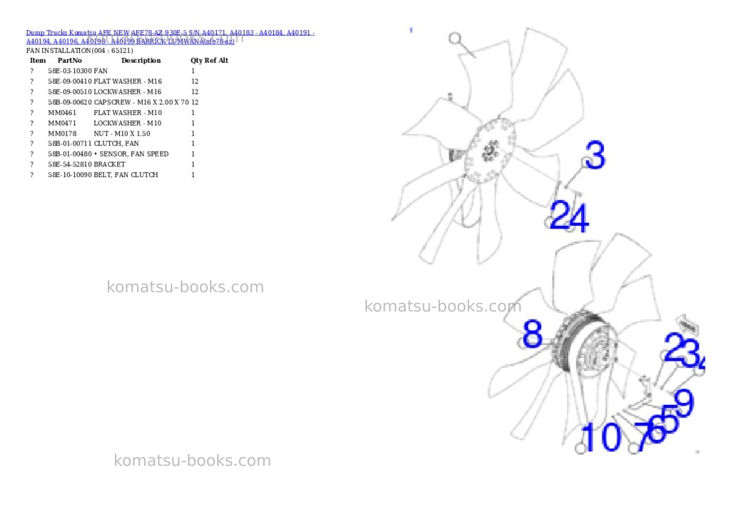 Komatsu AFE78-AZ 930E-5 S/N A40171, A40183 - A40184, A40191 - A40194, A40196, A40198 - A40199 BARRICK LUMWANA Parts catalog cover