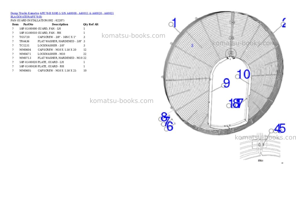 Komatsu afe78-b 930e-5 s/n a40008 - a40011 & a40020 - a40021 blackwater Parts catalog cover Komatsu afe78-b 930e-5 s/n a40008 - a40011 & a40020 - a40021 blackwater Parts catalog cover