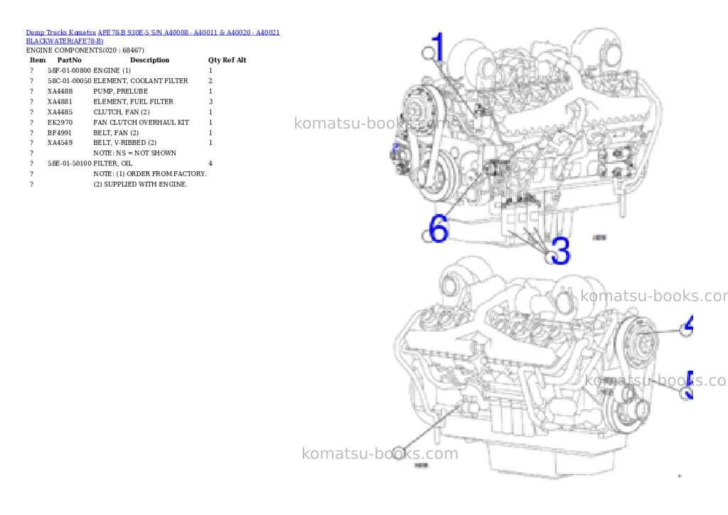 Komatsu afe78-b 930e-5 s/n a40008 - a40011 & a40020 - a40021 blackwater Parts catalog cover Page 10 Komatsu afe78-b 930e-5 s/n a40008 - a40011 & a40020 - a40021 blackwater Parts catalog cover Page 10