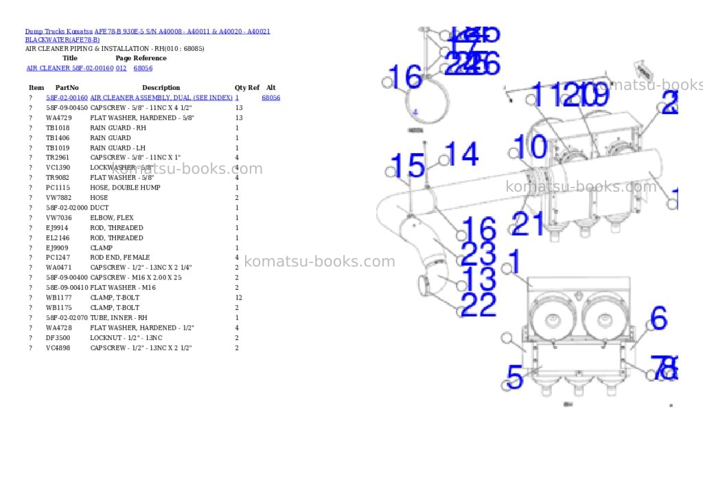 Komatsu afe78-b 930e-5 s/n a40008 - a40011 & a40020 - a40021 blackwater Parts catalog cover Page 5 Komatsu afe78-b 930e-5 s/n a40008 - a40011 & a40020 - a40021 blackwater Parts catalog cover Page 5