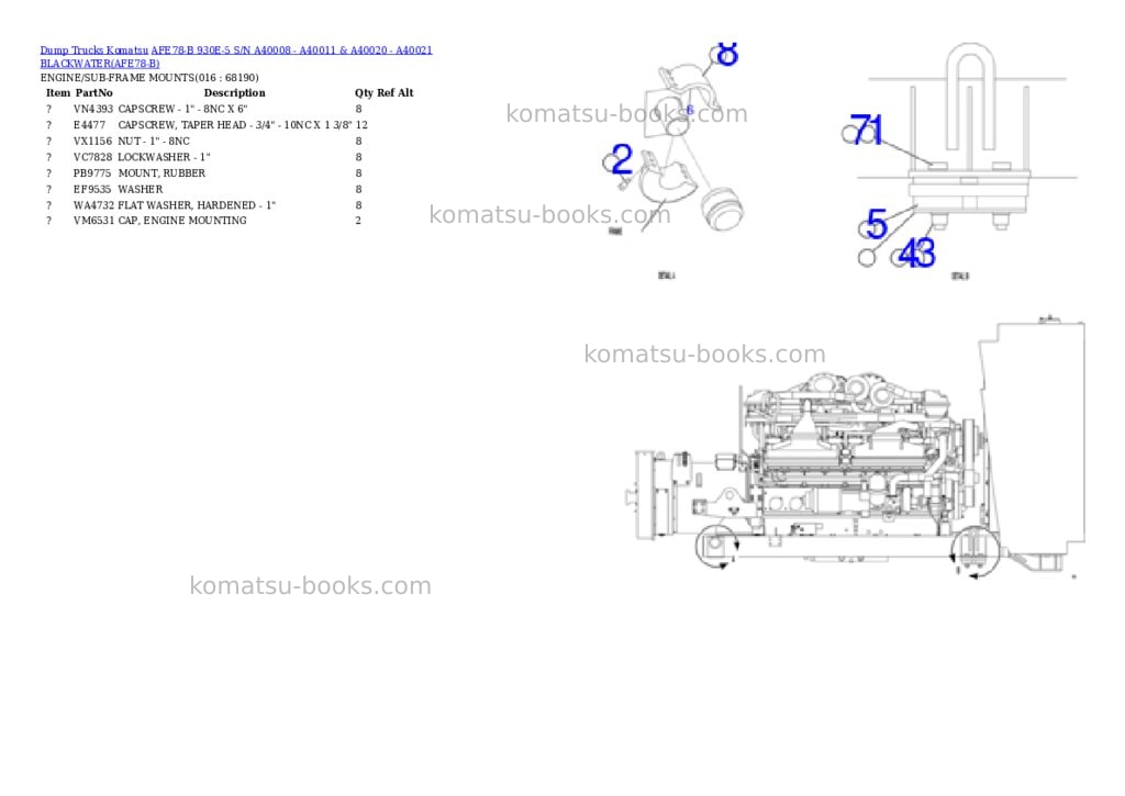 Komatsu afe78-b 930e-5 s/n a40008 - a40011 & a40020 - a40021 blackwater Parts catalog cover Page 8 Komatsu afe78-b 930e-5 s/n a40008 - a40011 & a40020 - a40021 blackwater Parts catalog cover Page 8