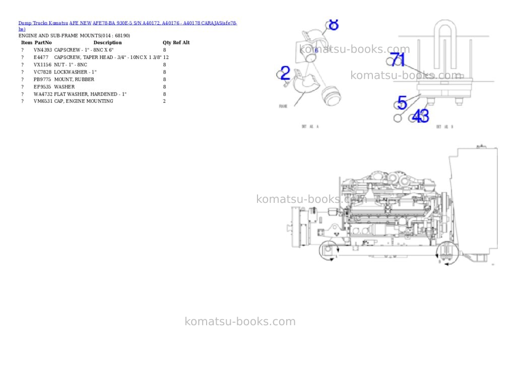Komatsu AFE78-BA 930E-5 S/N A40172, A40176 - A40178 CARAJAS Parts catalog cover Page 7 Komatsu AFE78-BA 930E-5 S/N A40172, A40176 - A40178 CARAJAS Parts catalog cover Page 7