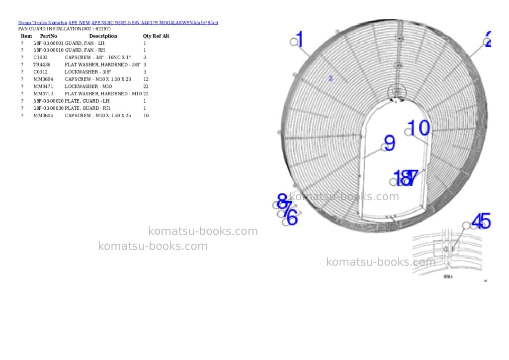 Komatsu AFE78-BC 930E-5 S/N A40179 MOGALAKWENA Parts catalog cover