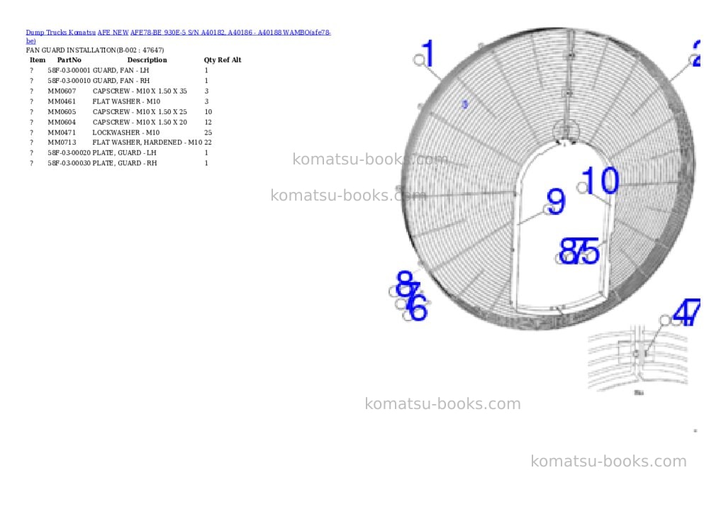 Komatsu AFE78-BE 930E-5 S/N A40182, A40186 - A40188 WAMBO Parts catalog cover