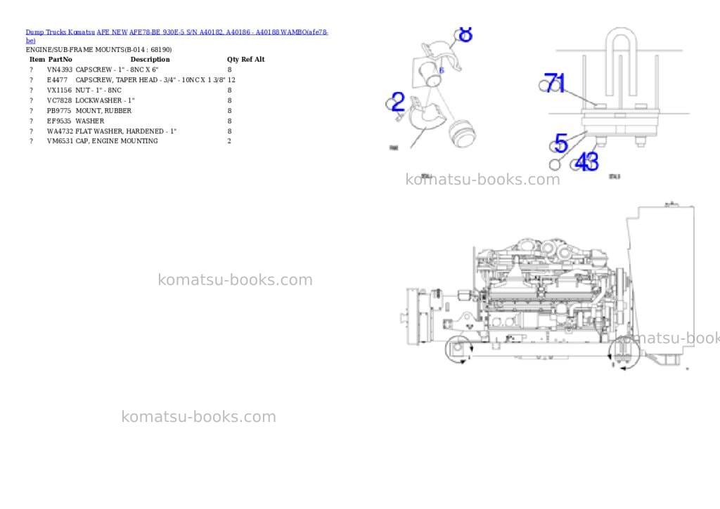 Komatsu AFE78-BE 930E-5 S/N A40182, A40186 - A40188 WAMBO Parts catalog cover Page 7