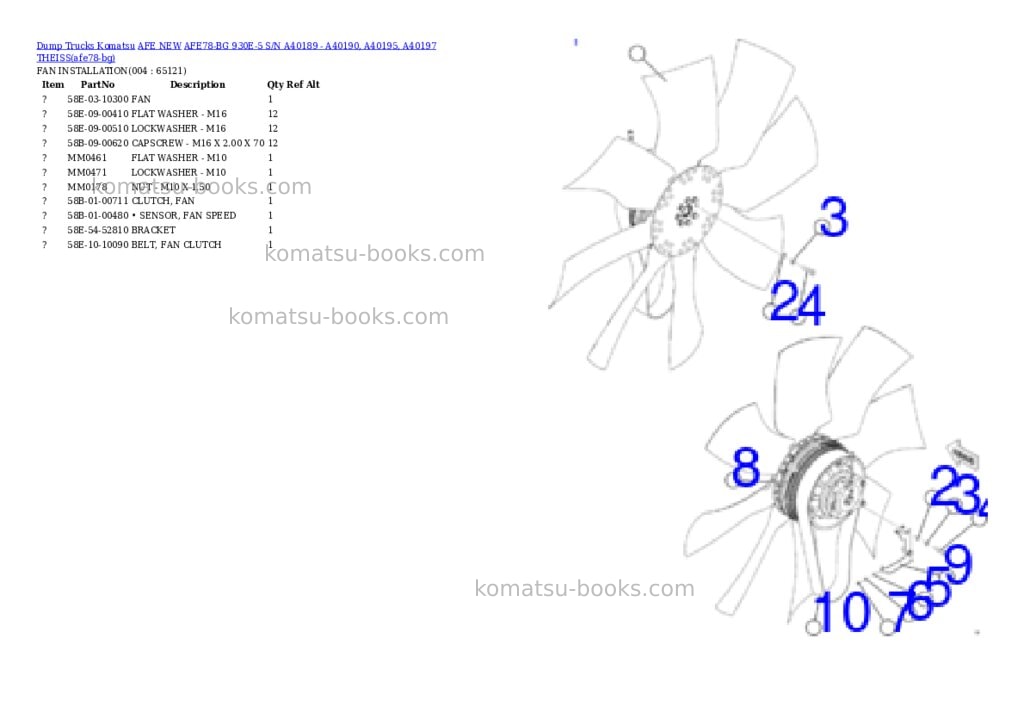 Komatsu AFE78-BG 930E-5 S/N A40189 - A40190, A40195, A40197 THEISS Parts catalog cover Page 2 Komatsu AFE78-BG 930E-5 S/N A40189 - A40190, A40195, A40197 THEISS Parts catalog cover Page 2