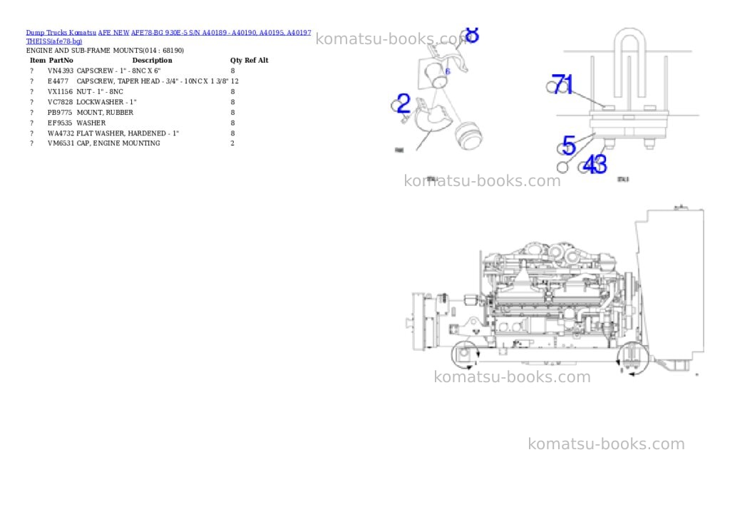 Komatsu AFE78-BG 930E-5 S/N A40189 - A40190, A40195, A40197 THEISS Parts catalog cover Page 7 Komatsu AFE78-BG 930E-5 S/N A40189 - A40190, A40195, A40197 THEISS Parts catalog cover Page 7