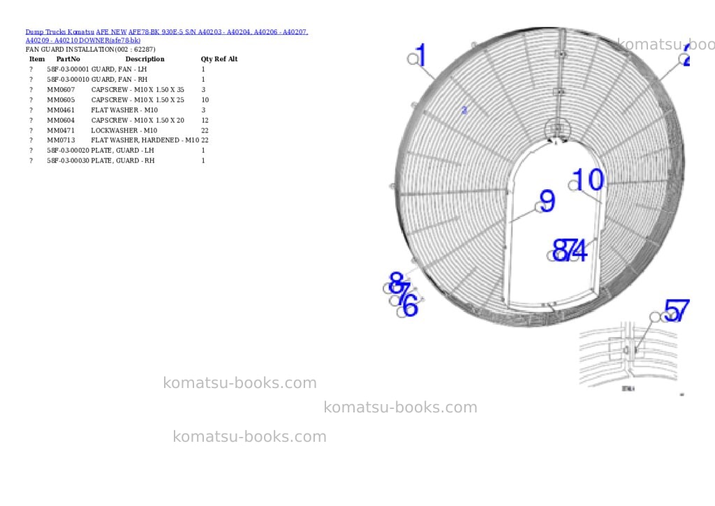 Komatsu AFE78-BK 930E-5 S/N A40203 - A40204, A40206 - A40207, A40209 - A40210 DOWNER Parts catalog cover Komatsu AFE78-BK 930E-5 S/N A40203 - A40204, A40206 - A40207, A40209 - A40210 DOWNER Parts catalog cover