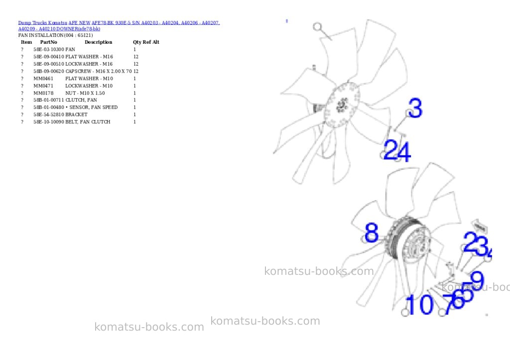 Komatsu AFE78-BK 930E-5 S/N A40203 - A40204, A40206 - A40207, A40209 - A40210 DOWNER Parts catalog cover Page 2 Komatsu AFE78-BK 930E-5 S/N A40203 - A40204, A40206 - A40207, A40209 - A40210 DOWNER Parts catalog cover Page 2