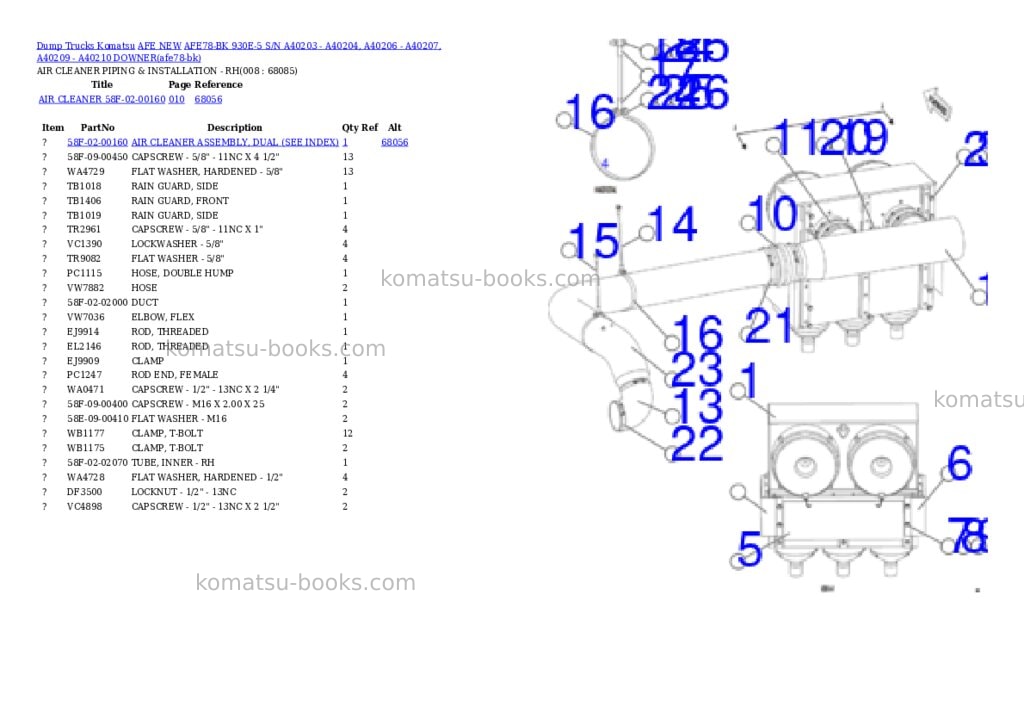 Komatsu AFE78-BK 930E-5 S/N A40203 - A40204, A40206 - A40207, A40209 - A40210 DOWNER Parts catalog cover Page 4 Komatsu AFE78-BK 930E-5 S/N A40203 - A40204, A40206 - A40207, A40209 - A40210 DOWNER Parts catalog cover Page 4