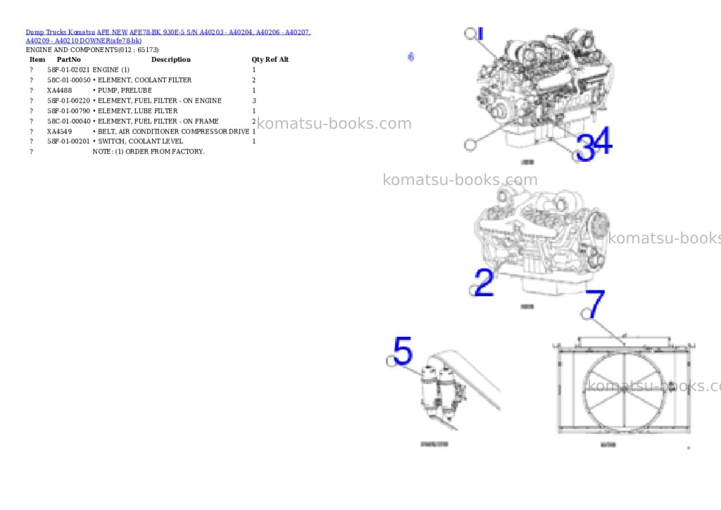 Komatsu AFE78-BK 930E-5 S/N A40203 - A40204, A40206 - A40207, A40209 - A40210 DOWNER Parts catalog cover Page 6 Komatsu AFE78-BK 930E-5 S/N A40203 - A40204, A40206 - A40207, A40209 - A40210 DOWNER Parts catalog cover Page 6