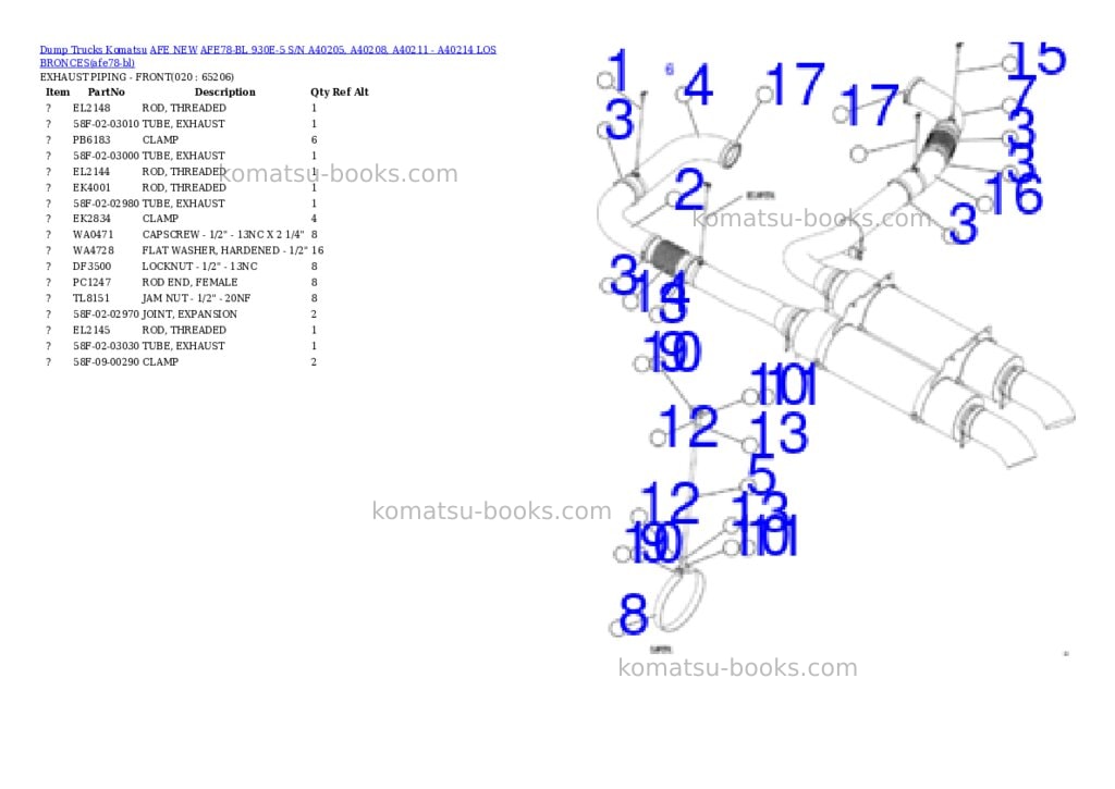Komatsu AFE78-BL 930E-5 S/N A40205, A40208, A40211 - A40214 LOS BRONCES Parts catalog cover Page 4 Komatsu AFE78-BL 930E-5 S/N A40205, A40208, A40211 - A40214 LOS BRONCES Parts catalog cover Page 4