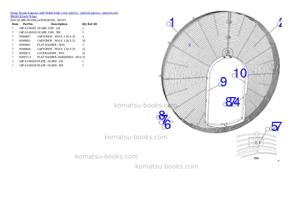 Komatsu AFE78-BM 930E-5 S/N A40215 - A40218,A40225 - A40229 LOS BRONCES Parts catalog cover Komatsu AFE78-BM 930E-5 S/N A40215 - A40218,A40225 - A40229 LOS BRONCES Parts catalog cover