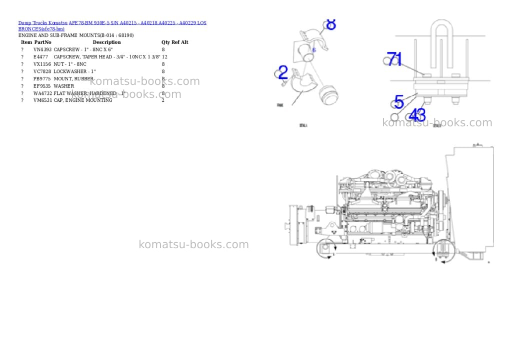 Komatsu AFE78-BM 930E-5 S/N A40215 - A40218,A40225 - A40229 LOS BRONCES Parts catalog cover Page 7 Komatsu AFE78-BM 930E-5 S/N A40215 - A40218,A40225 - A40229 LOS BRONCES Parts catalog cover Page 7