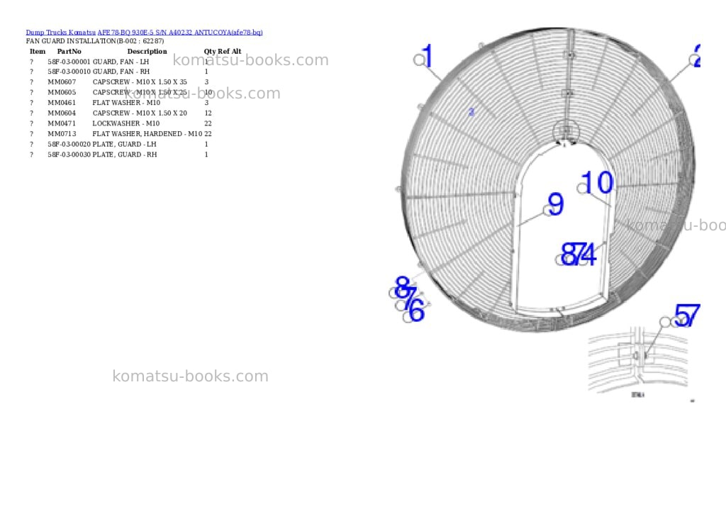 Komatsu AFE78-BQ 930E-5 S/N A40232 ANTUCOYA Parts catalog cover