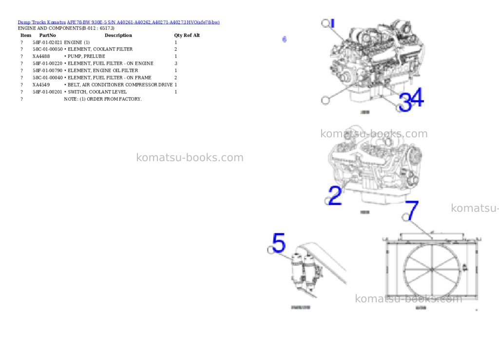 Komatsu AFE78-BW 930E-5 S/N A40261-A40262,A40271-A40273 HVO Parts catalog cover Page 6 Komatsu AFE78-BW 930E-5 S/N A40261-A40262,A40271-A40273 HVO Parts catalog cover Page 6