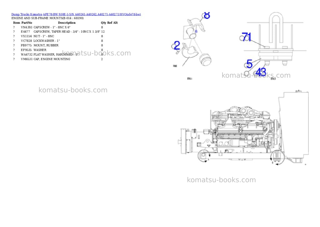 Komatsu AFE78-BW 930E-5 S/N A40261-A40262,A40271-A40273 HVO Parts catalog cover Page 7 Komatsu AFE78-BW 930E-5 S/N A40261-A40262,A40271-A40273 HVO Parts catalog cover Page 7