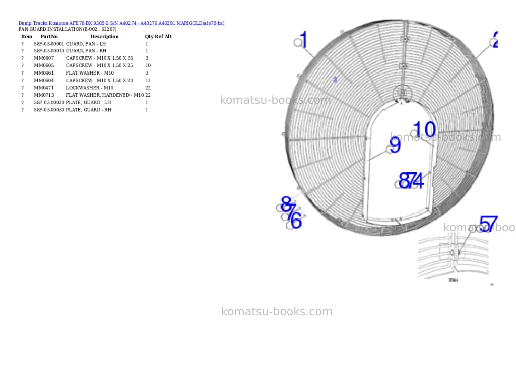 Komatsu AFE78-BX 930E-5 S/N A40274 - A40276,A40291 MARIGOLD Parts catalog cover Komatsu AFE78-BX 930E-5 S/N A40274 - A40276,A40291 MARIGOLD Parts catalog cover