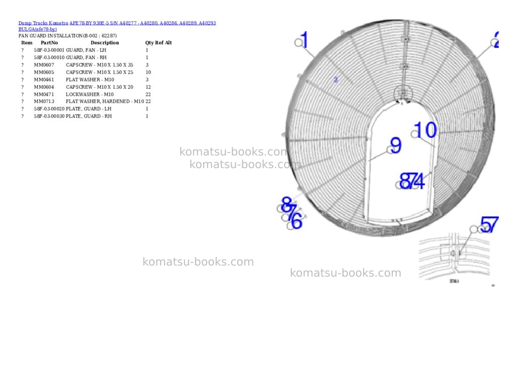 Komatsu AFE78-BY 930E-5 S/N A40277 - A40280, A40286, A40289, A40293 BULGA Parts catalog cover