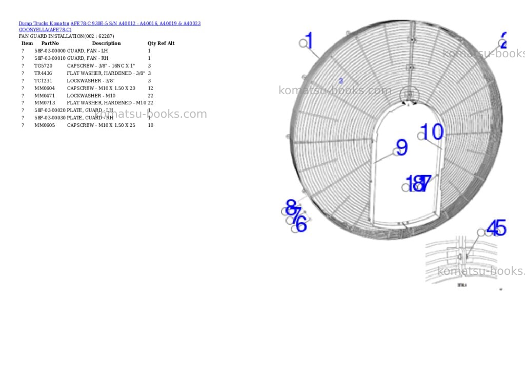 Komatsu afe78-c 930e-5 s/n a40012 - a40016, a40019 & a40023 goonyella Parts catalog cover