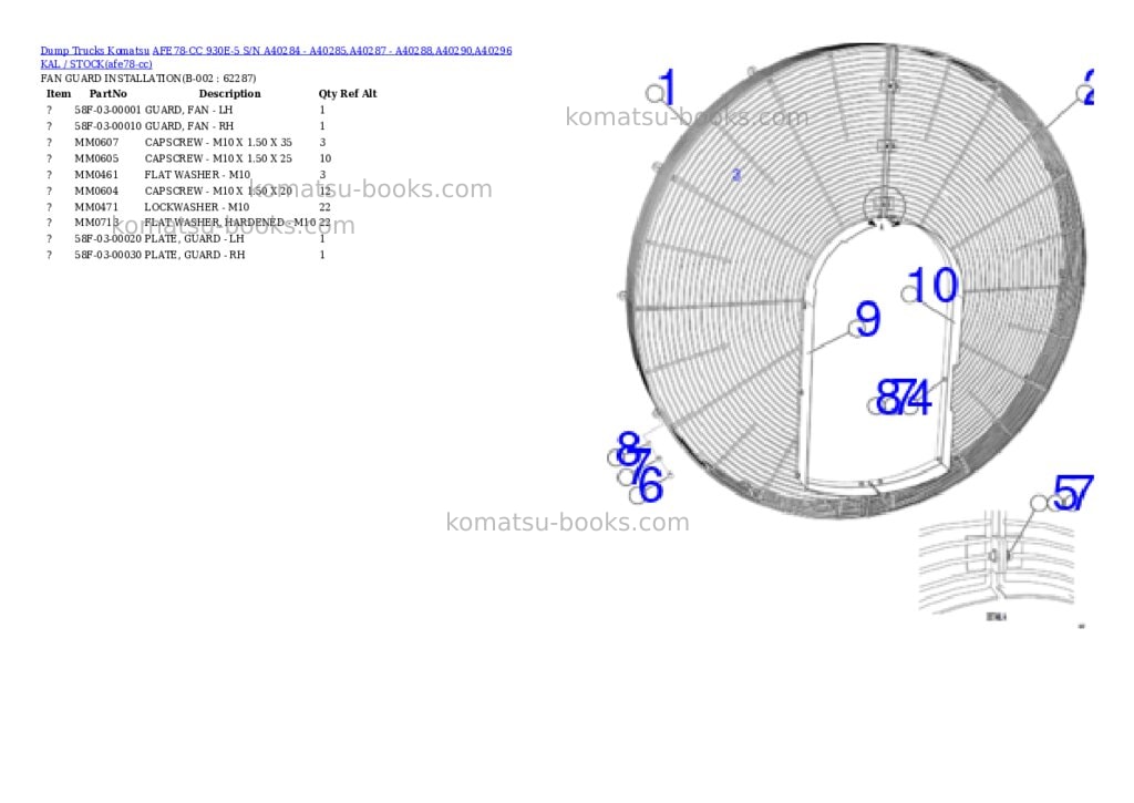 Komatsu AFE78-CC 930E-5 S/N A40284 - A40285,A40287 - A40288,A40290,A40296 KAL / STOCK Parts catalog cover