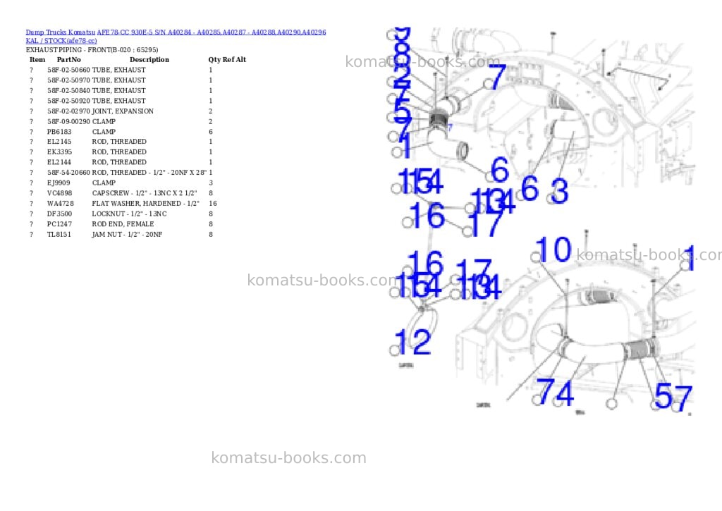 Komatsu AFE78-CC 930E-5 S/N A40284 - A40285,A40287 - A40288,A40290,A40296 KAL / STOCK Parts catalog cover Page 10