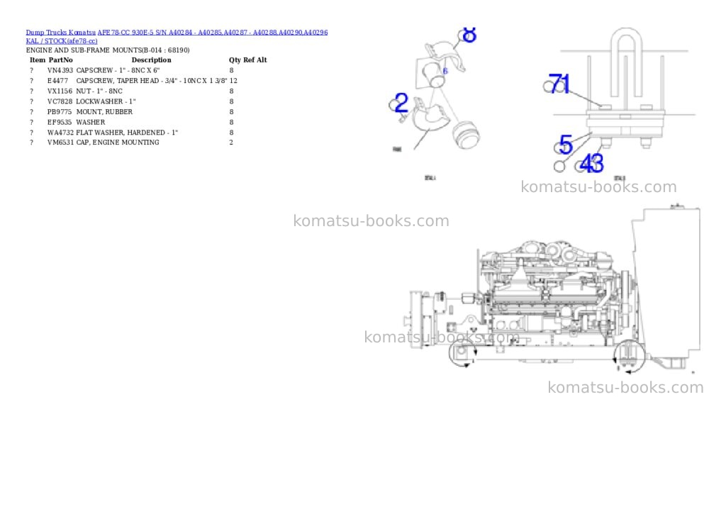 Komatsu AFE78-CC 930E-5 S/N A40284 - A40285,A40287 - A40288,A40290,A40296 KAL / STOCK Parts catalog cover Page 7