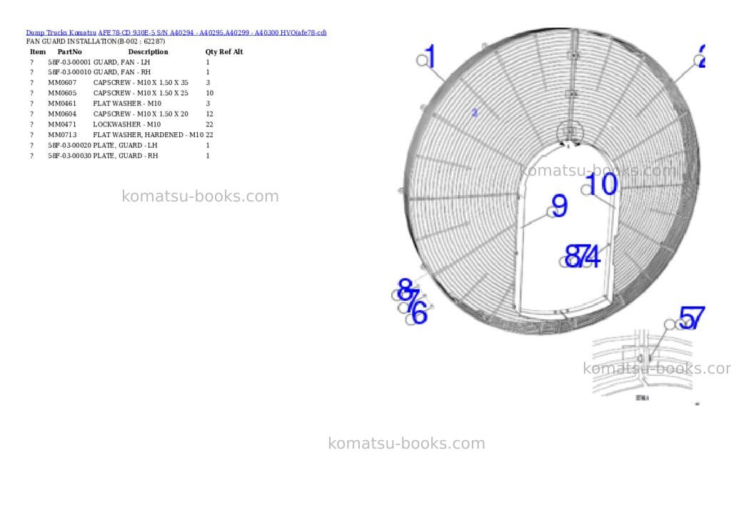 Komatsu AFE78-CD 930E-5 S/N A40294 - A40295,A40299 - A40300 HVO Parts catalog cover Komatsu AFE78-CD 930E-5 S/N A40294 - A40295,A40299 - A40300 HVO Parts catalog cover