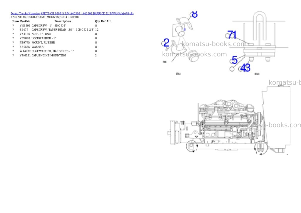 Komatsu AFE78-CH 930E-5 S/N A40303 - A40306 BARRICK LUMWANA Parts catalog cover Page 7