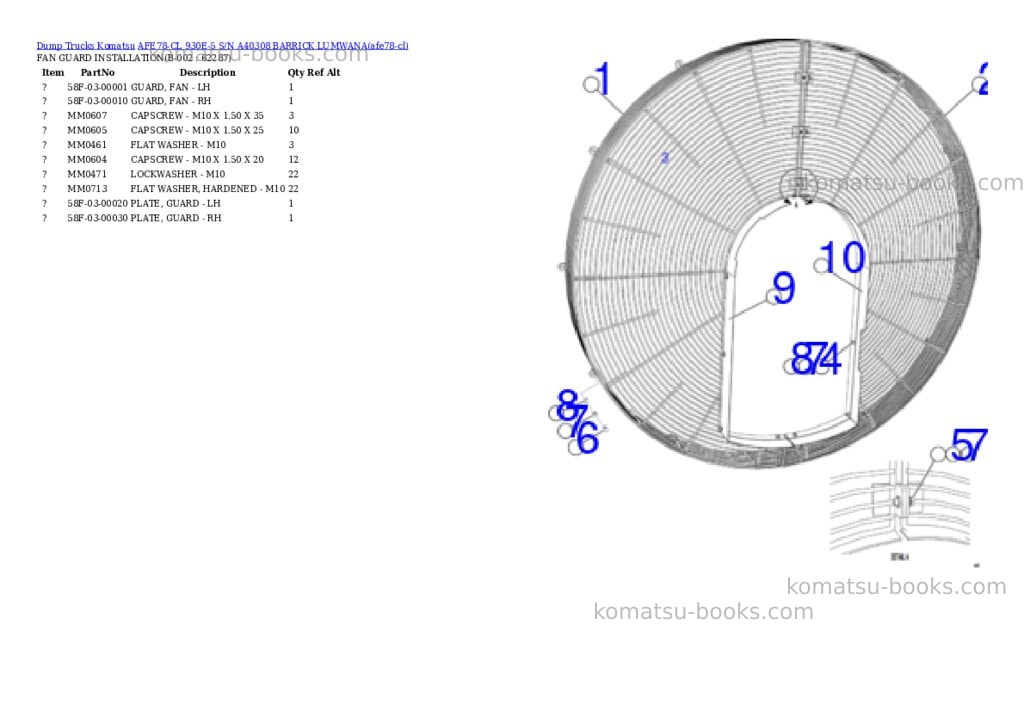 Komatsu AFE78-CL 930E-5 S/N A40308 BARRICK LUMWANA Parts catalog cover